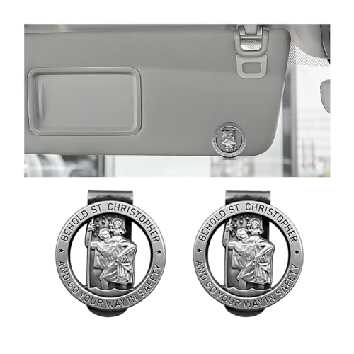 CGEAMDY 2 Piezas Medalla De San Cristóbal para Coche, Medalla De San Cristóbal para Coche Accesorios De Visera Automotriz, Medalla Redonda San Cristóbal Insignia Coche Parasol Clip(Plata)