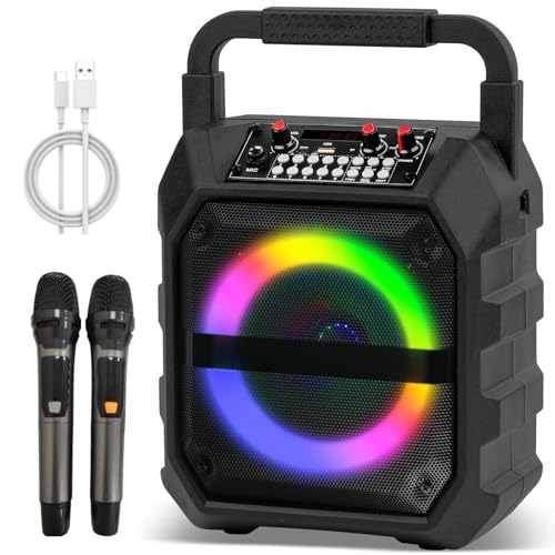 Karaoke Machine, Bluetooth Karaoke Speaker, Portable Singing Machine with 2 Wireless Microphones LED Lights for Home Party Meeting Adults Kids Supports USB/TF/AUX/REC/FM