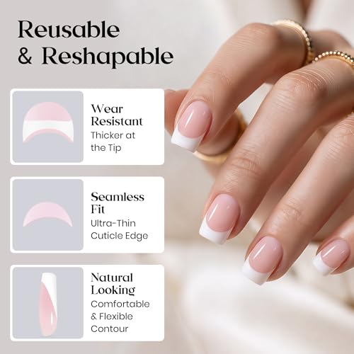 Image of Beetles Pink French Tip Press on Nails - Short Square, 64 PCS 16 Sizes | Nail Glue & Adhesive Tabs, Salon-Quality Natural Nails, 10-Minute Easy Daily Application, All-in-One Complete Kit
