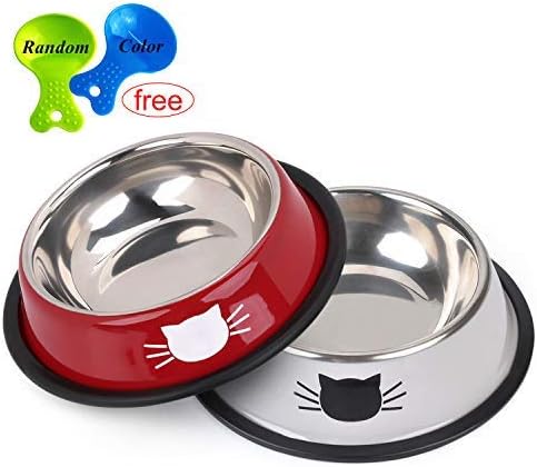 Legendog 2Pcs Cat Bowl Pet Bowl Stainless Steel Cat Food Water Bowl Non-Slip Rubber Base Small Pet Bowl Cat Feeding Bowls Set (Red+Grey)