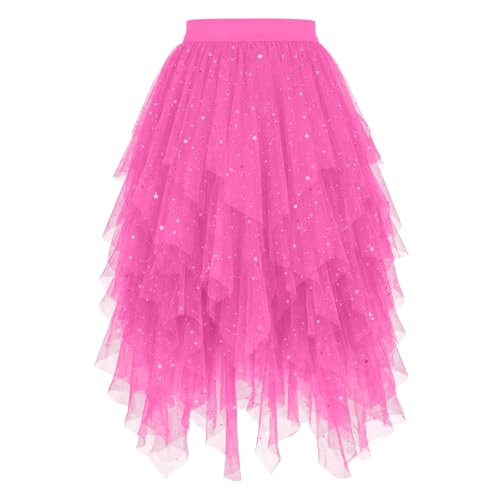 Jupe en tulle pour femme - Jupe tutu bouffante pour femme avec paillettes - Jupe midi irrégulière pour carnaval, costume de fée et de princesse - Tenue de Nouvel An - Grandes tailles, Rose, XL