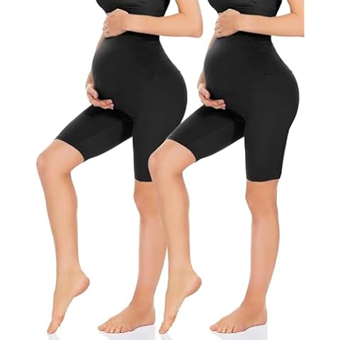 HIGHDAYS 2 Pack Maternity Shorts Over The Belly - Black 8" Women's Pregnancy Biker Shorts for Yoga Active Workout Running Athletic,Black+Black,Small Cover