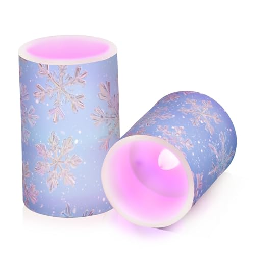 Image of Christmas Lights Flameless Candles Snowflakes Iridescent Colors A Pillar Candles Set of 2 Battery Operated Remote Control Warm Lights Home Decor