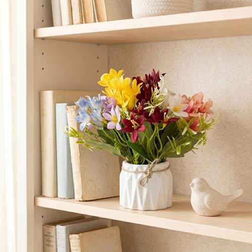 Image of Dekorly Artificial Lavender Plant in White Pot, 18cm - Realistic Faux Flower Arrangement for Home & Office Decor (Set of 1) (1, Multi Colour Lily Flower)