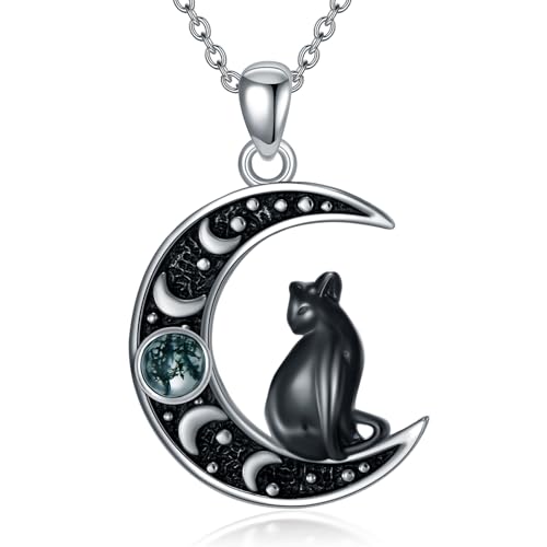 KoyeKei Black Cat Necklace for Women 925 Sterling Silver Moon