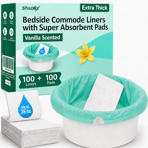 Extra Thick Bedside Commode Liners with Absorbent Pads 100 Liners + Pads