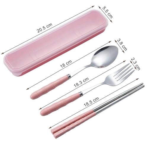 Image of INOVERA (LABEL) 3 Pieces Cutlery Set of Spoon, Fork, Chopsticks - Reusable Tableware Cutleries with Case - Dining Accessories Sets for Travel, Office, Home (Pink)