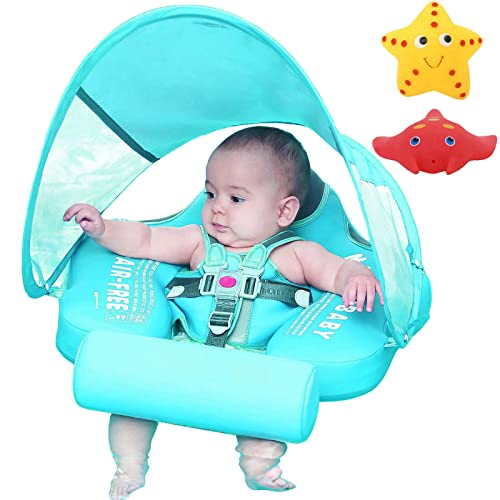 Newest Size Improved Add Tail Avoid Flip Over Mambobaby Solid Swimming Float Non Inflatable Swim Trainer Baby Pool Float with Canopy (GreenC)