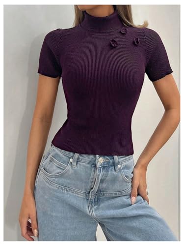 MakeMeChic Women's Turtleneck Short Sleeve Sweater Knit Fitted Knit Sweater Top4