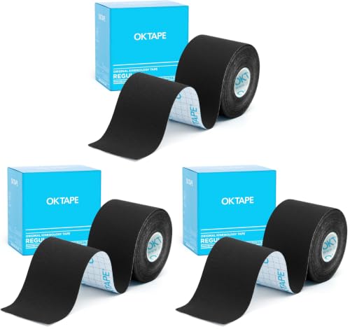 Image of OK TAPE Kinesiology Tape, Regular Original Cotton Elastic Athletic Tape for Support and Recovery, Sports Tape, 2inx16.4ft Uncut Roll - Black (Pack of 3)