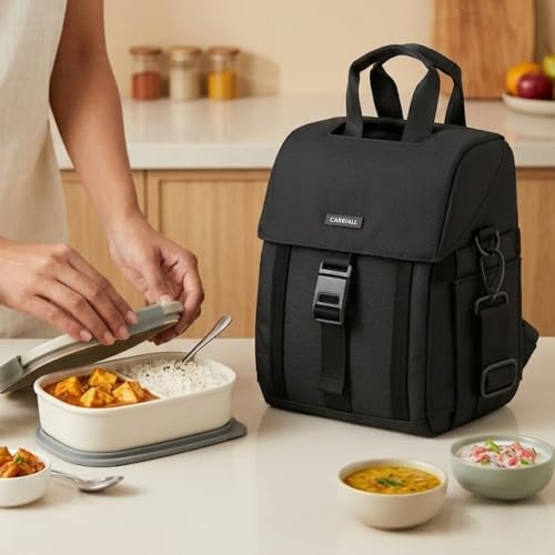 Image of Carriall Nova Lunch Bag for Office - Tiffin Bag with Bottle Holder & 6-Pocket Organizer | Spill-Resistant, Detachable Strap | 6.7L | Men & Women | Black