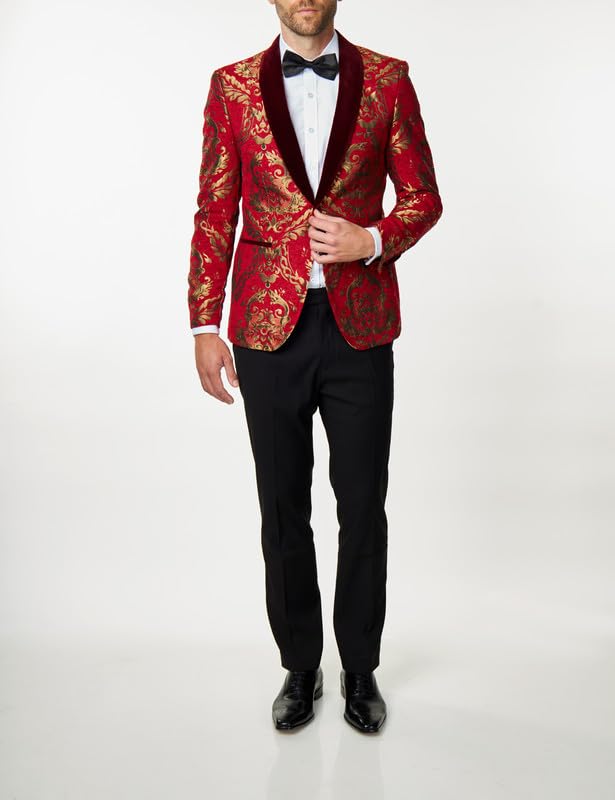 Xposed Stampa Paisley Broccato da Uomo su Giacca Jacquard Rosso Cremisi Blazer da Festa su Misura
