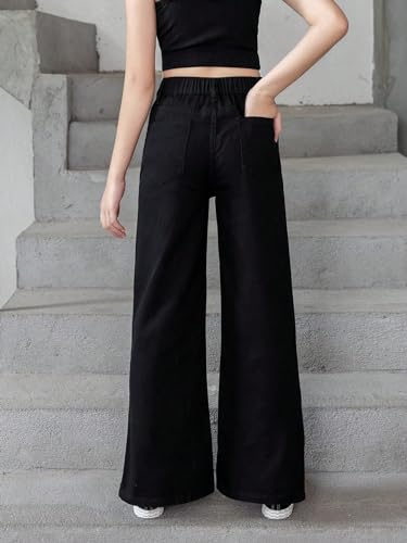 Verdusa Calça jeans longa feminina com botão S cintura elástica dividida lateral perna reta, Preto,