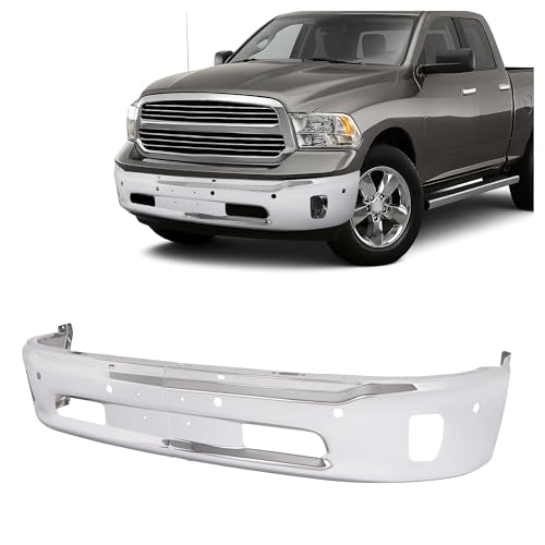 HECASA Front Bumper Face Bar Compatible with Dodge 2013-2018 Ram 1500, 2019-2024 Ram 1500 Classic W/Sensor, Fog Light Holes CH1002402, 68160857AA Replacement Only Steel Chrome Silvery 2PCS