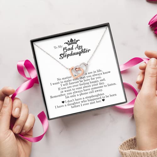 To My Badass Stepdaughter, Interlocking Hearts Necklace, Stepdaughter Birthday & Idea, Unique Jewelry Card with Gift Box2