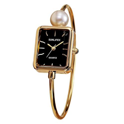 Gosasa Dainty Women’s Pearl Bangle Bracelet Watch – Elegant Chic Square Dial with Minimalist Slim Cuff Ladies Watch for 6.3"-7.9" Wrist (Gold Black)