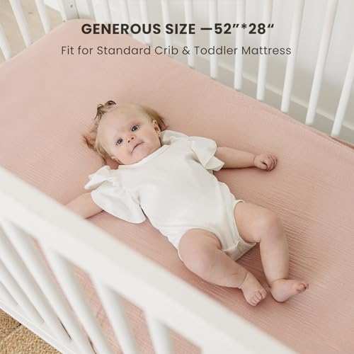 Image of MairMore 2 Pack Muslin Baby Crib Sheets, 52 x 28 in Fitted Bed Sheets | Soft & Durable, 100% Cotton Breathable Elastic Neutral Standard Sheets Set for Toddler, Newborn, Infants, Girls, Boys (Pink)