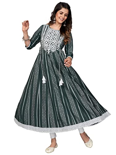 Image of Vbuyz Women's Cotton Blend Print & Embroidered Anarkali Stitched Kurta