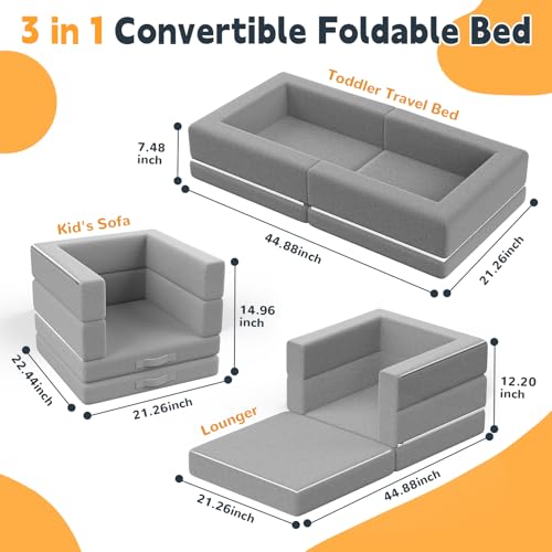 Abdtech Portable Toddler Travel Bed: Foldable & Soft - 3-in-1 Convertible Portable Folding Floor Bed with Washable Cloth Cover - Ideal for Vacation,Camping and Sleepover?Grey?