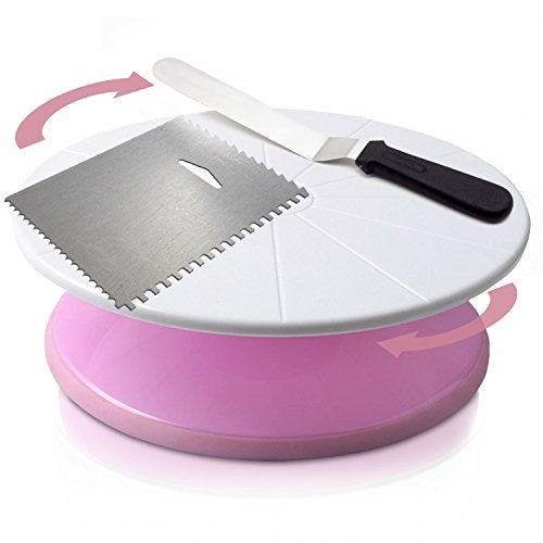 Rotating Cake Turntable Stand Kit: 12 Inch Spinning Cake Stand with Angled Icing Spatula and Decorating Comb/Icing Smoother [Smart 360 Revolving, Professional Quality Cake Decorating Supplies]