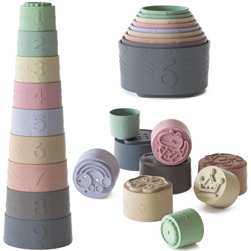 Silicone Tasses Empilable pour Bébé-Lot de 9, Jouet Bebe 3-6-12