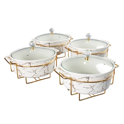 jinsongdafa 8\" Round Ceramic Casserole Dish with Glass Lid and Gold rack Set of 4, 2 qt Serving Soup Tureen, Chafing Dish for Buffet, Family Food preserve Tray, Catering Casserole for Party Style