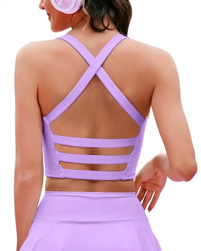 XUNYU Women Longline Sports Bra Strappy Workout Tank Tops Built in Support Open Back Criss Cross Yoga Crop Shirt