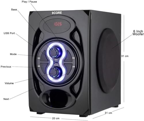 9 CORE|Black Jumbo+ Home Theatre 5.1 Channel or Wall Mount Satellites. 6 inch subwoofer Multimedia Connectivity Bluetooth,Fm,USB,Aux. Compatible with Smart tv,Laptop,Smart mobiles,Gaming Console etc