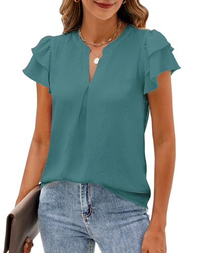 SimpleFun Work Shirts for Women Short Sleeve V Neck Flowy Summer Blouses Business Casual Chic Outfits, Turquoise, XL