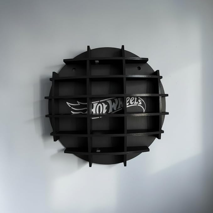 Image of Diecast Car Display Shelf with Custom Name Print | 14-16 Slot Wall Mounted MDF Wooden Rack for 1:64 Scale Cars | Circular Toy Car Organizer & Kids Room Garage Decor (Black)