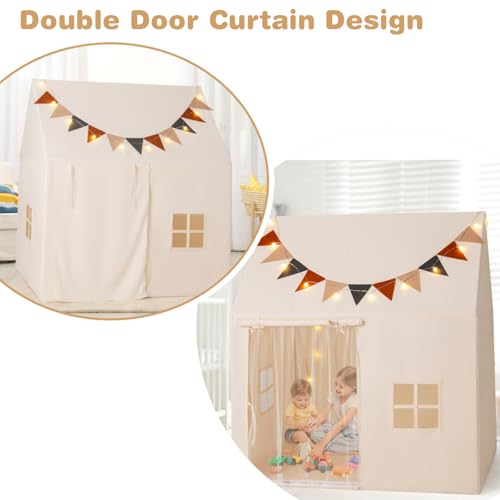 GYMAX Large Kids Tent with Padded Mat, Globe String Lights, Flags and Windows, 122 x 107 x 139 cm - Image 2