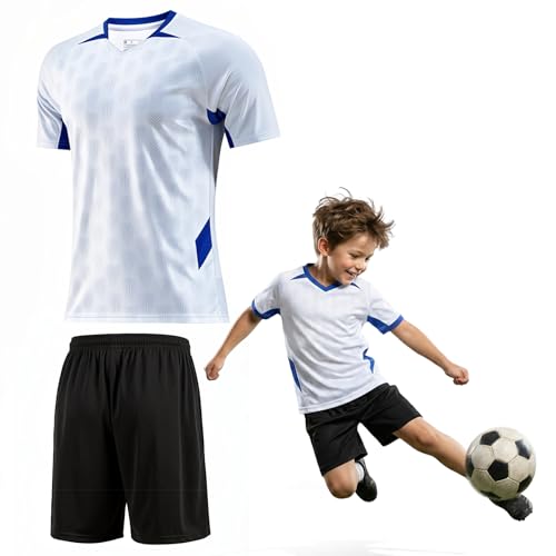 viiotu Tenue de Sport Enfant, Maillot de Foot Enfant & Short Set Ensemble Sportif Respirant et Sec Rapide (FR/ES, Âge, 8 Ans, 9 Ans, Taille Normale, Blanc)