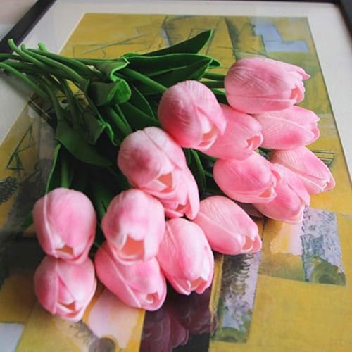 Image of Artificial Tulip Flowers (5 Tulips, Vase Not Included) - Realistic Faux Tulips for Home Decor, Living Room, Bedroom, Office, Wedding Decoration, Table Centerpiece & Gifting Pink
