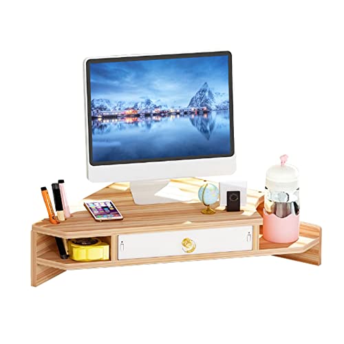 KUAIYU Triangle Monitor Stand Riser,Cut Triangle Save Space Desktop Corner,Desktop corner shelf with drawers wooden computer stand with storage laptop risers office organization. (Have drawers)