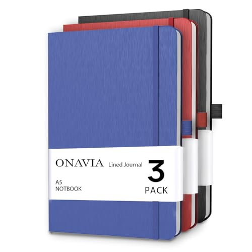 ONAVIA A5 College Ruled Notebook 3 Pack, Hardcover Lined Journals for School Notes, Study, Homework, Class Writing and Journaling, 160 Pages (80 Sheets), 5.8 x 8.3 in, Black, Red, Blue