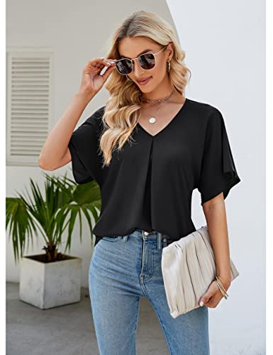 Beluring Womens Summer Blouse Bat Sleeve V Neck Tunic Tops Business Shirt (Black, M) #TOP1