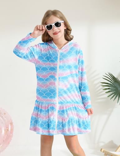 Image of Girls Swim Cover Up Kids Long Sleeve Swimsuit Coverup Terry Beach Pool Clothes with Sunglasses