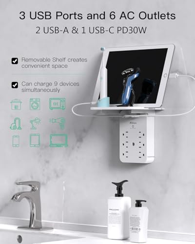 Image of Wall Outlet Extender with Shelf, Surge Protector 6 AC Multi Plug Outlet, PD 30W USB Charger Station Splitter Expander for Home Room