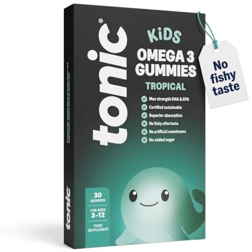 Tonic Health Kids Omega 3 Gummies No Fishy Taste - 30 Sugar Free Tropical Gummies Max-Strength DHA & EPA Wild-Caught & Sustainably Sourced Supports Brain Vision & Heart Health