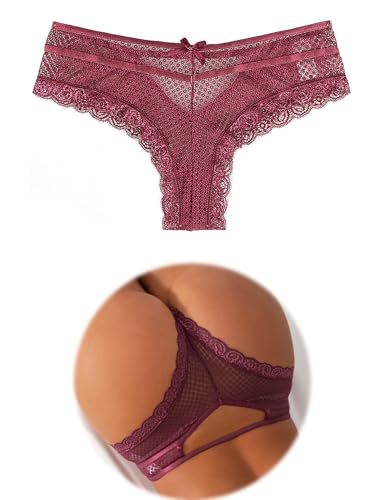 ohmydear Womens Sexy Lace Hipster Panties Mesh Bikini Panties Hollow Out Cheeky Underwear Tangas Briefs Pink