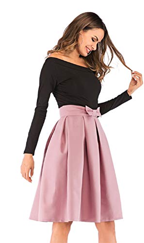 Saia feminina evasê plissada vintage cintura alta patinadora midi com gravata borboleta, rosa, Large