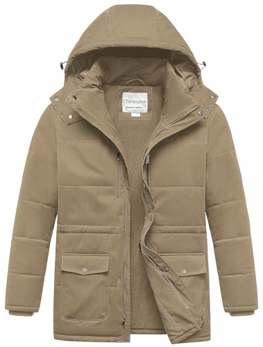 Chrisuno Big And Tall Jackets For Men Winter Coats Parka Mens Puffer Coat Waterproof Men's Thickened Warm Down Jacket Windproof Hooded Fashions Khaki 2X
