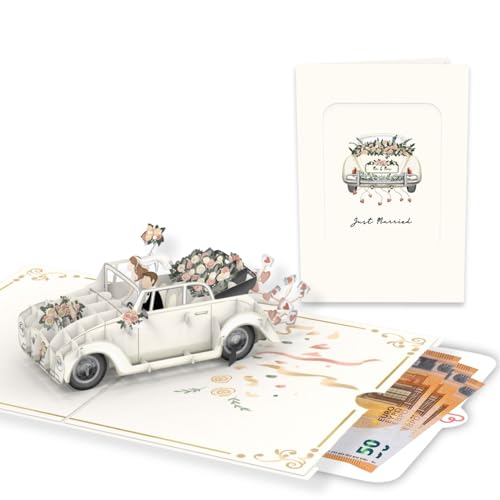 papercrush Pop-Up Karte Hochzeit Hochzeitsauto - 3D Hochzeitskarte edel just married Glückwunschkarte Gutschein für Hochzeitsreise & Geldgeschenk Flitterwochen Geschenk