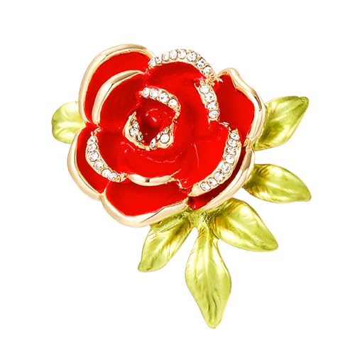 Image of Dainty Rose Flower Leaf Brooch Pin for Women Unisex Elegant Enamel Crystal 3D Floral Dainty Dress Accessories Birthday Holiday Jewelry Gift