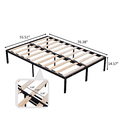 Robustes Metallbett in voller Größe, mit stabilen, geräuschfreien Holzlatten und großem Stauraum unter dem Bett, kein Boxspringbett erforderlich, 194 cm L x 141 cm B x 36 cm H, Schwarz – Bild 3