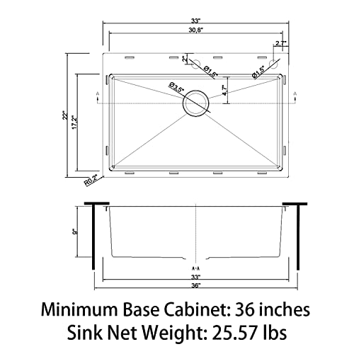 Sinber 33\" x 22\" x 9\" Drop In Single Bowl Kitchen Sink with 18 Gauge 304 Stainless Steel Black Finish HT3322S-9-B (Sink Only) - Thumbnail 5