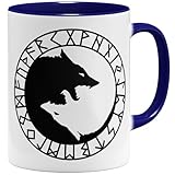 OM3� Tasse de loups runiques Yin-Yang | Tasse en c�ramique | 11oz 325ml | Vikings Wolves Symbole Viking Logo Nordic Warrior | Bleu fonc�