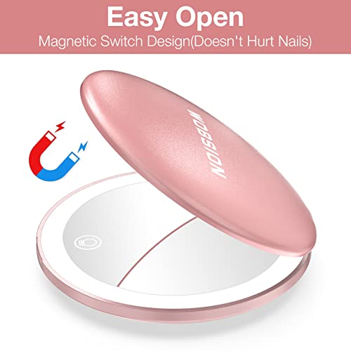 Wobsion Rechargeable Travel Mirror,1X/10X Magnification Compact Mirror With Light,Dimmable Led Travel Makeup Mirror,Portable Mirror For Purse,Handheld 2-Sided Pocket Mirror,Gifts For Girls,Rose Gold #TOP5