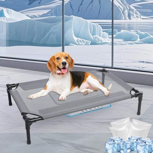 34 Outdoor Elevated Dog Bed with Four Ice Pack Raised Dogs Bed Small Medium Size Dogs Breathable Cooling Dog Cot Beds with No-Slip Feet Outdoor Pet Hammock Beds Outside Pet Beds(Small)