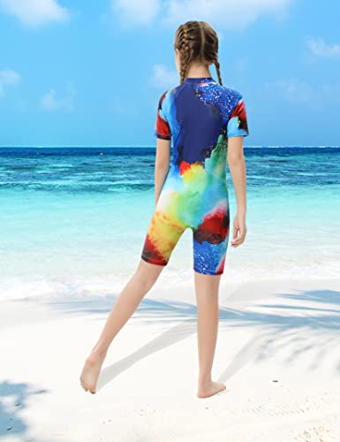 Geru Girls One Piece Swimsuits Zipper Short Sleeve Swimwear Water Sport Shorts Bathing Suits 7-8Y Colorful #TOP3